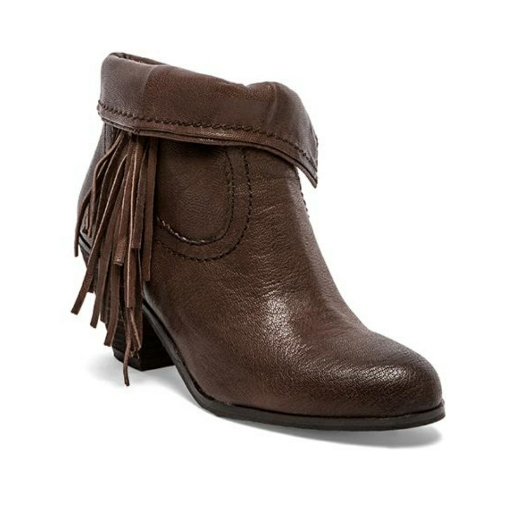 Sam Edelman Louie Fringe Zip Up Brown Leather Chunky Heel Ankle Booties Size 8.5